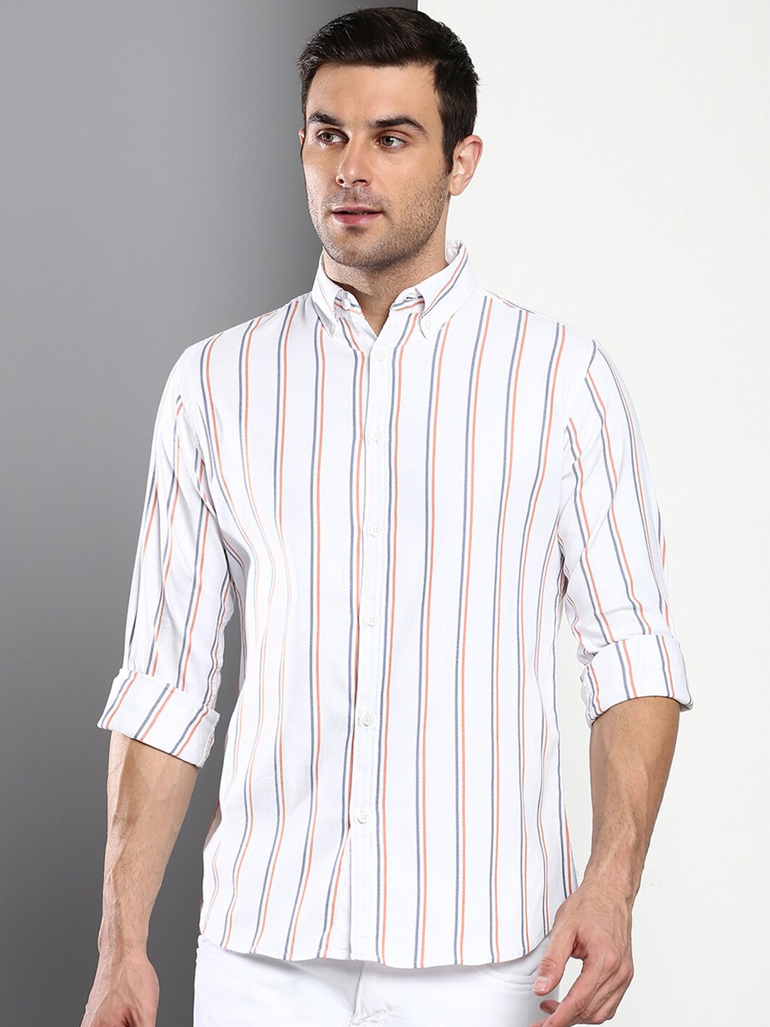 

Dennis Lingo Men White Slim Fit Striped Casual Shirt