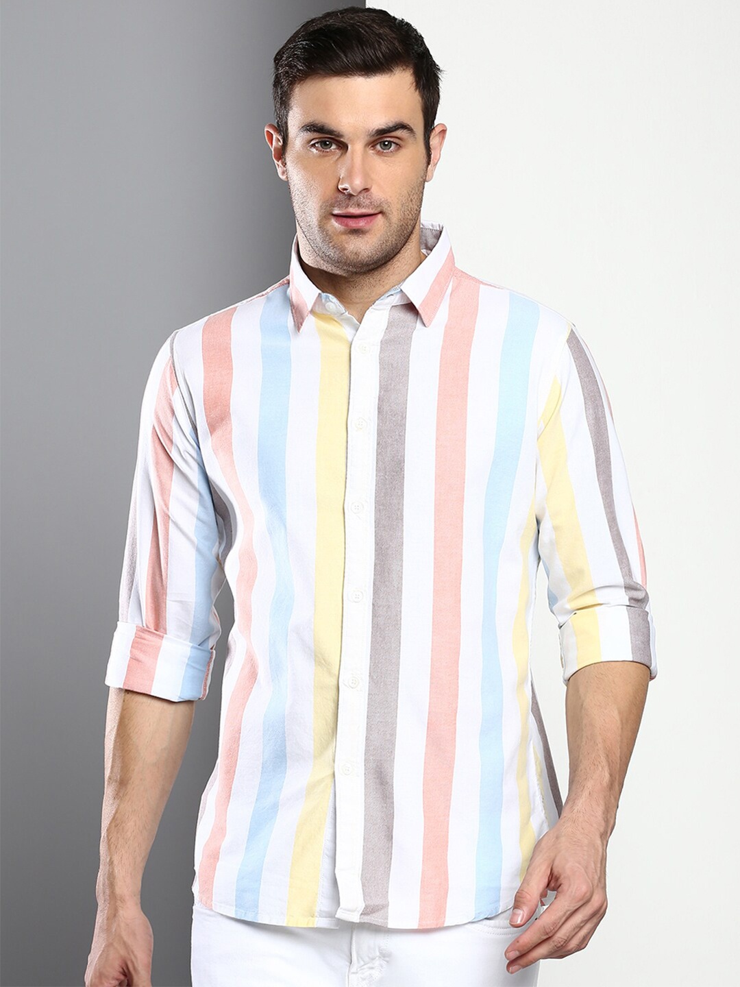 

Dennis Lingo Men Orange Slim Fit Striped Casual Shirt