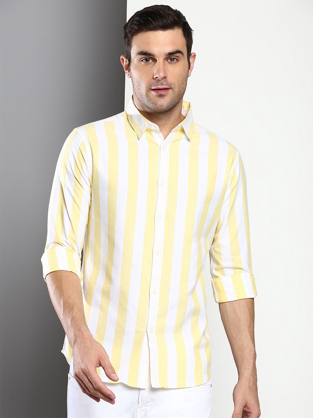 

Dennis Lingo Men Yellow Slim Fit Striped Casual Shirt