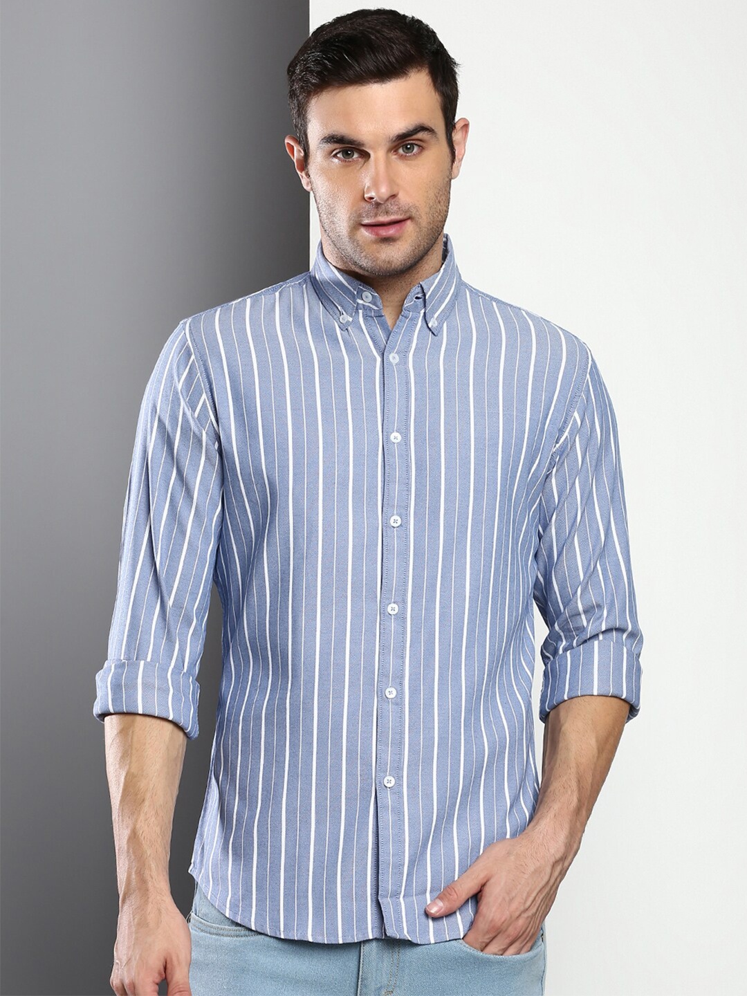 

Dennis Lingo Men Blue Slim Fit Striped Casual Shirt