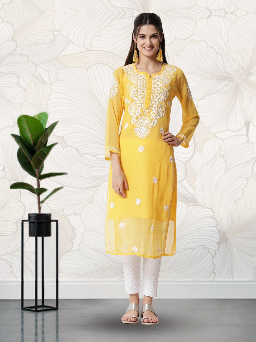 

PARAMOUNT CHIKAN Women Yellow Chikankari Round Neck Georgette kurta