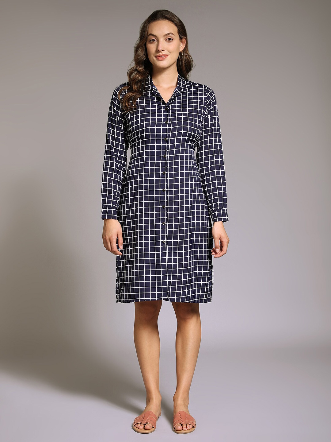 

PEACH & PANDA Navy Blue Checked Georgette Shirt Dress