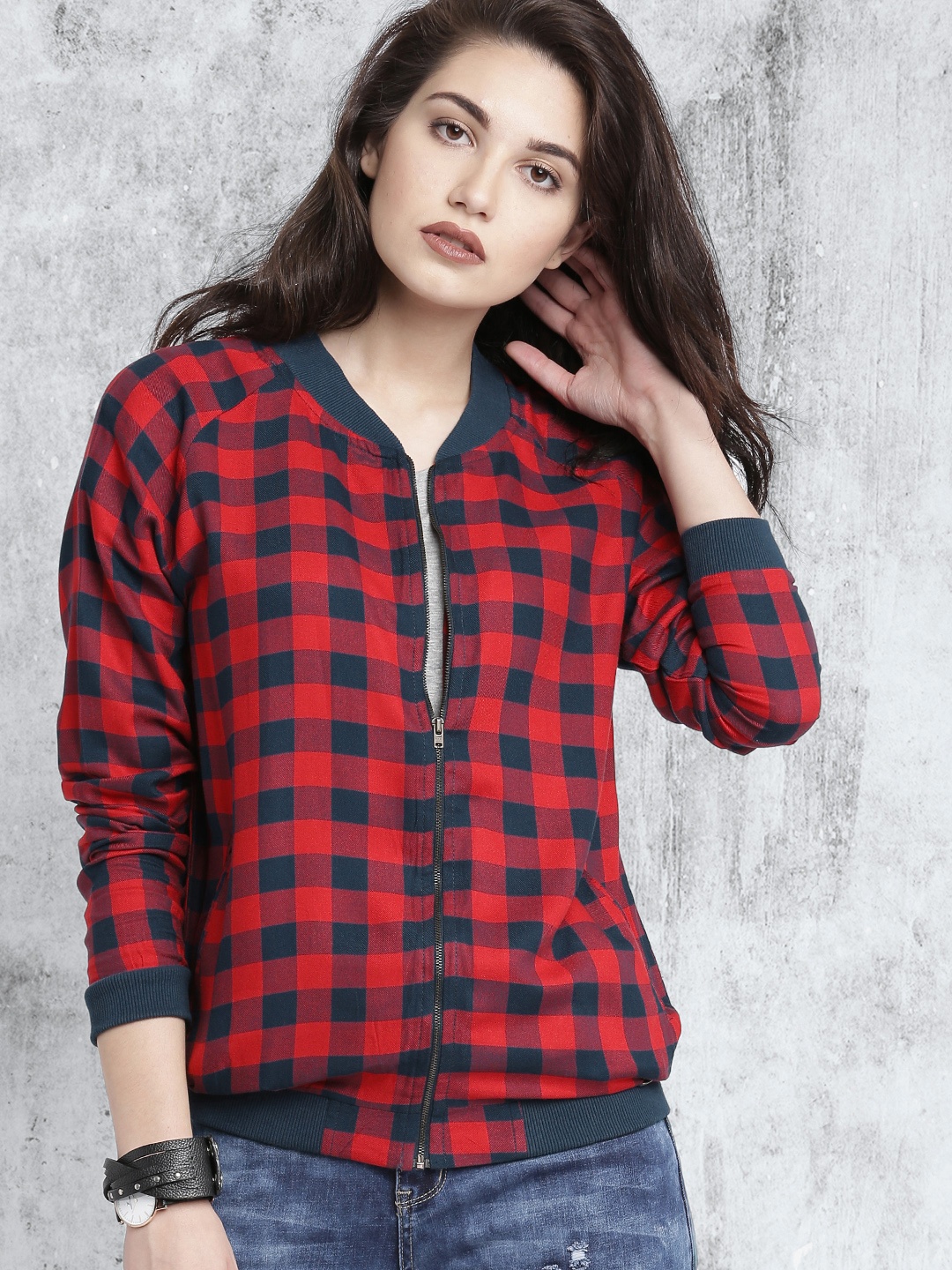 

Roadster Women Red & Blue Checked Bomber Jacket