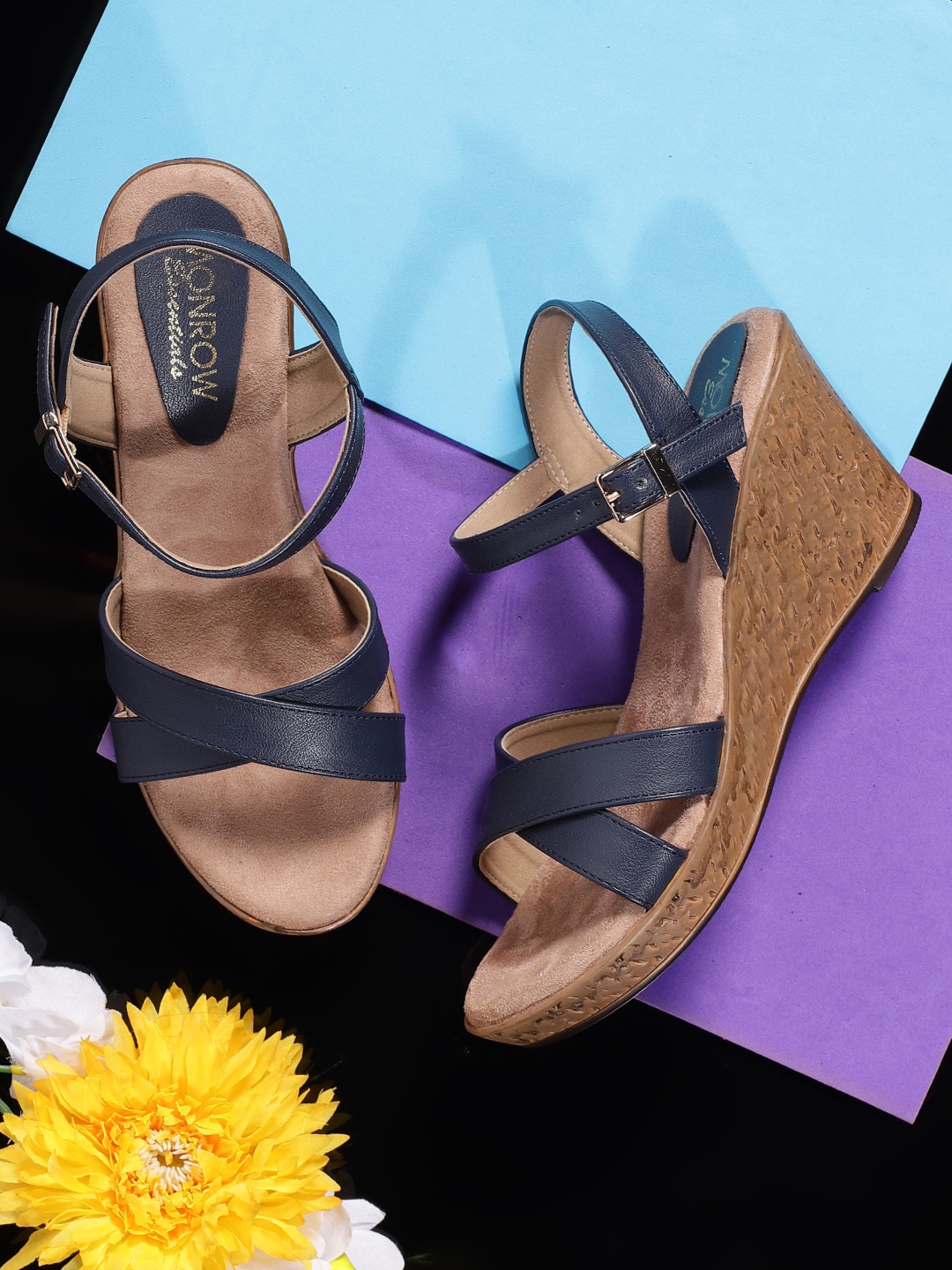 

Monrow Navy Blue Colourblocked PU Wedge Sandals with Buckles