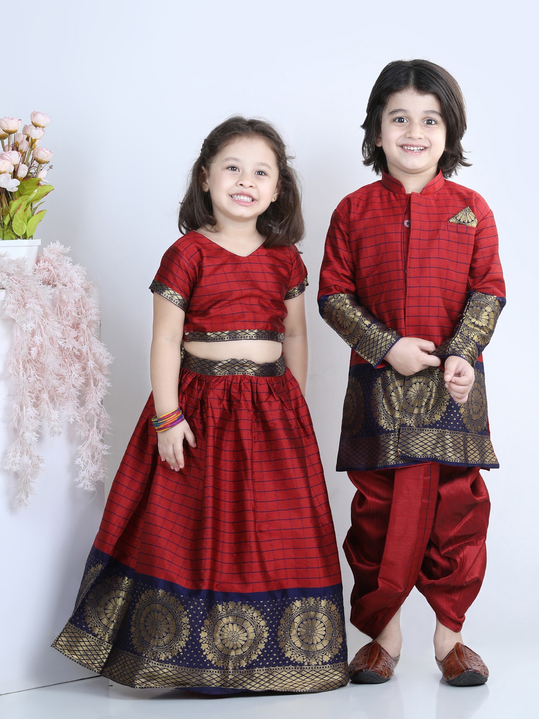 

BownBee Boys Maroon Full Sleeve Silk Border Dhoti Kurta
