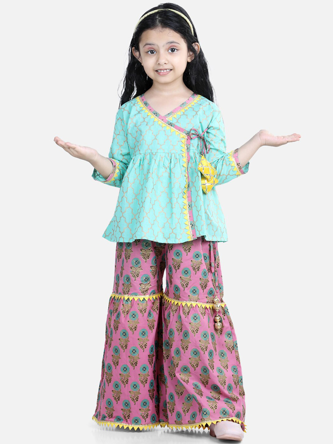 

BownBee Girls Sea Green Cotton Block Print Angrakha With Sharara