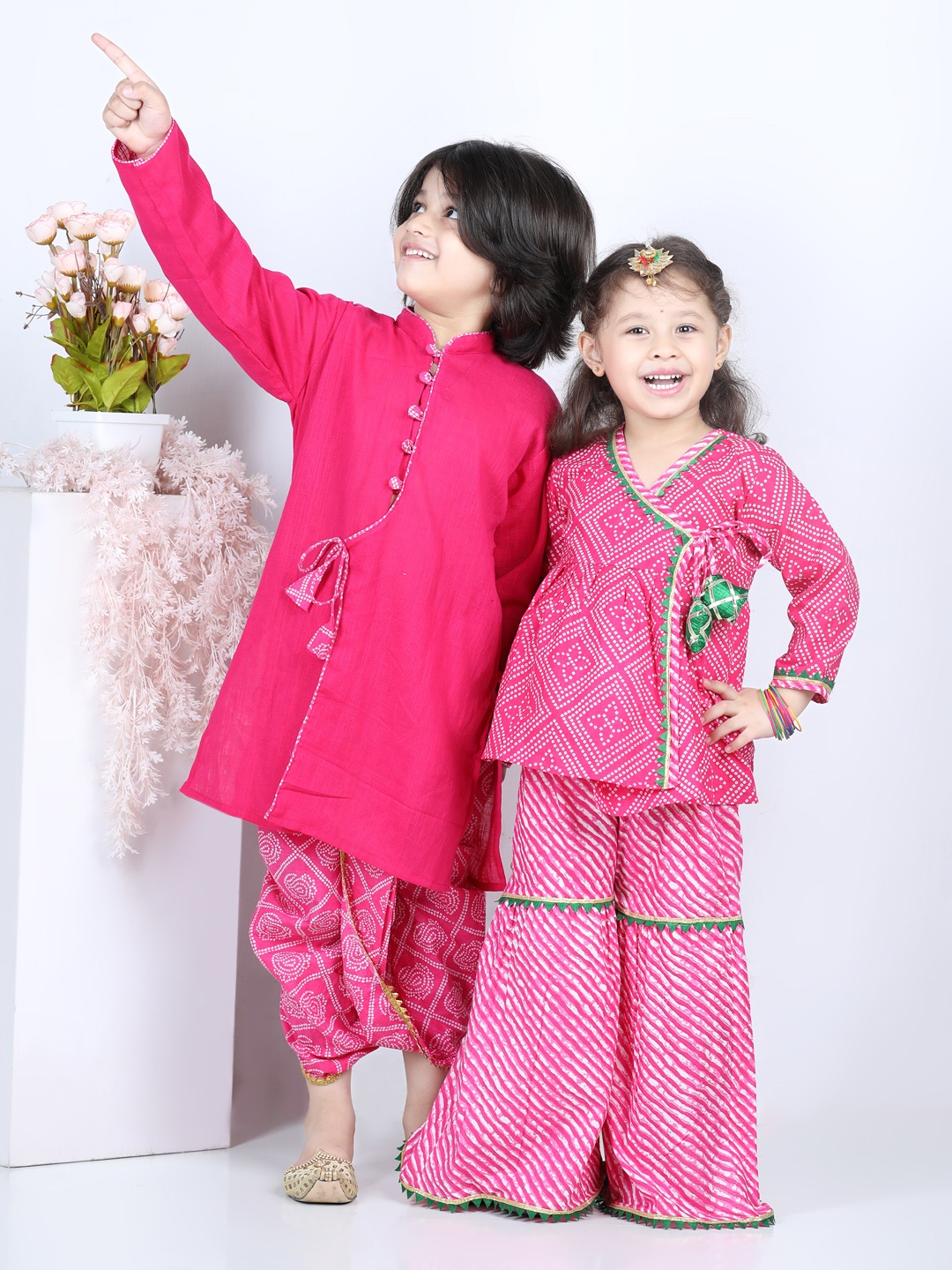 

BownBee Girls Pink Block Printed Pure Cotton Angrakha Kurti with Sharara