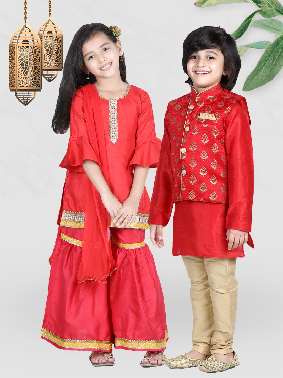 

BownBee Girls Red Embroidered Bell Sleeve Silk Patchwork Kurti with Sharara & With Dupatta