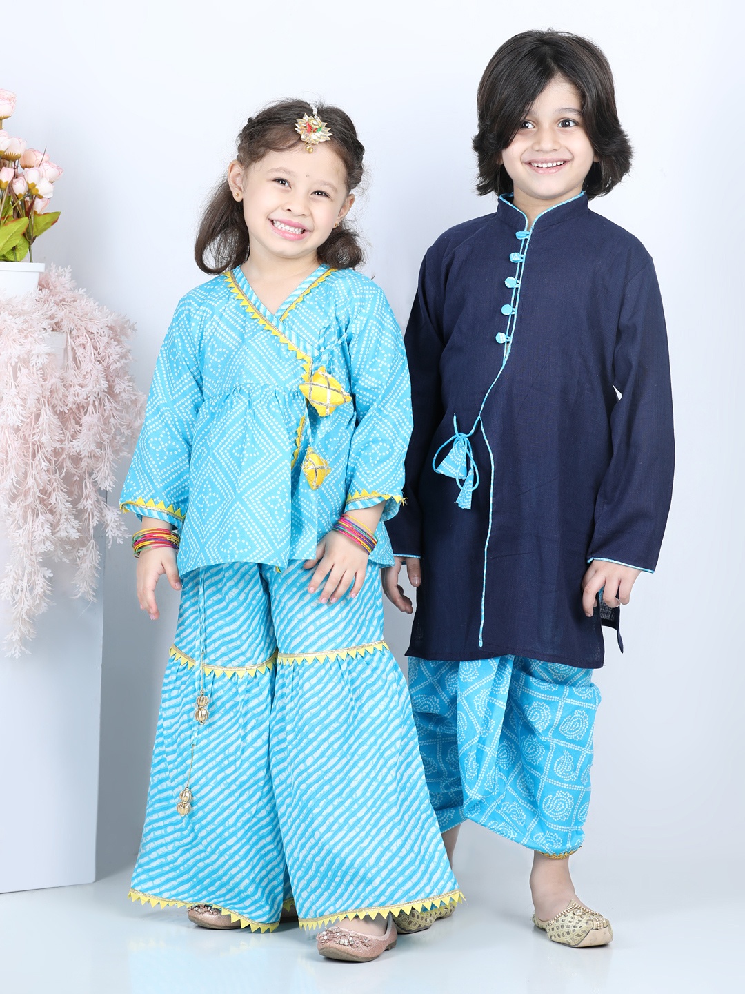 

BownBee Girls Blue Printed Block Print Cotton Angrakha with Sharara