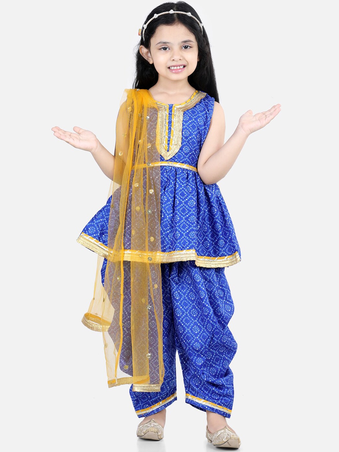 

BownBee Girls Blue Floral Gotta Patti Kurti with Dhoti Pants & With Dupatta