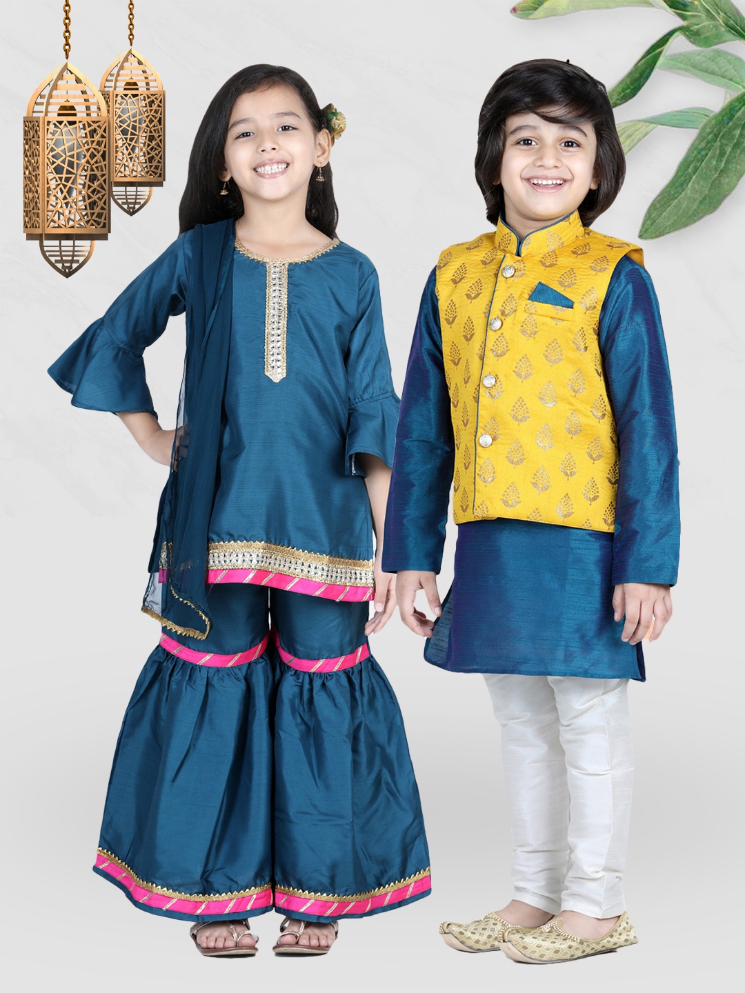 

BownBee Girls Blue Solid Silk Bell Sleeves Kurti with Sharara & Dupatta