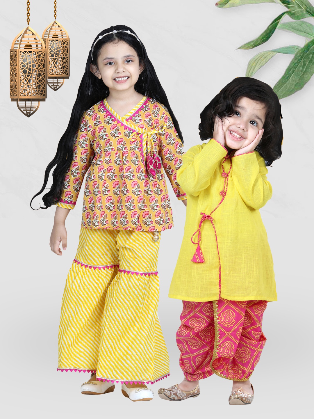 

BownBee Girls Yellow Block Printed Pure Cotton Angrakha Kurti with Sharara