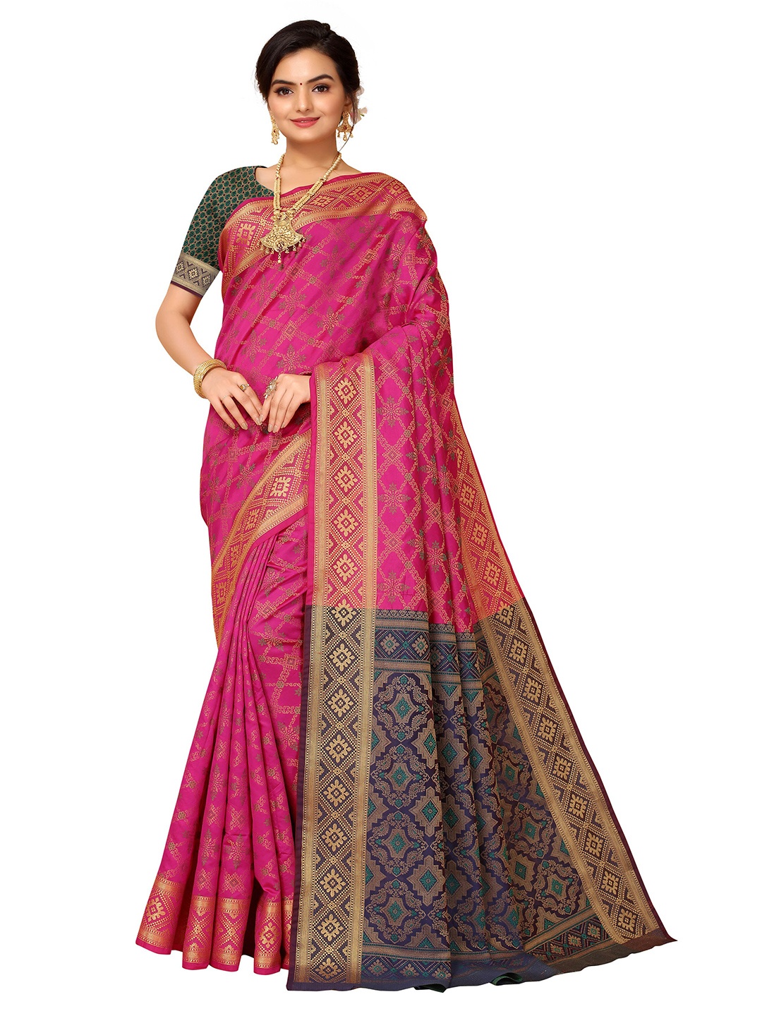 

Nimayaa Pink & Navy Blue Woven Design Zari Silk Blend Kanjeevaram Saree