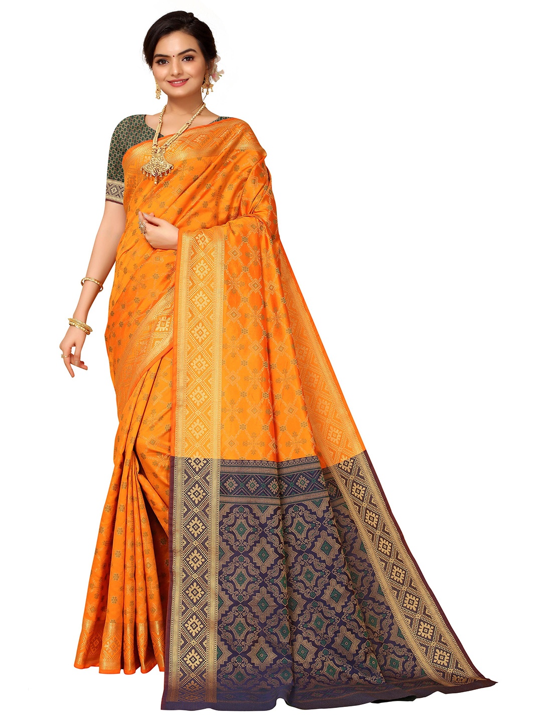 

Nimayaa Orange & Gold-Toned Woven Design Zari Silk Blend Kanjeevaram Saree
