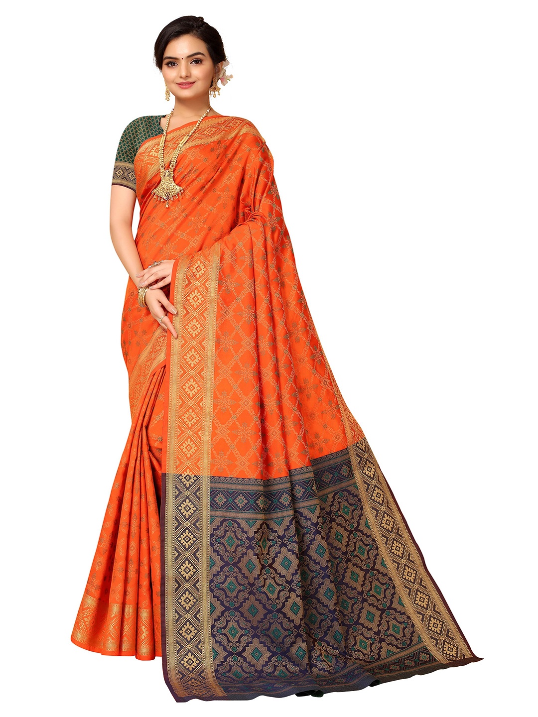 

Nimayaa Rust & Purple Woven Design Zari Silk Blend Kanjeevaram Saree