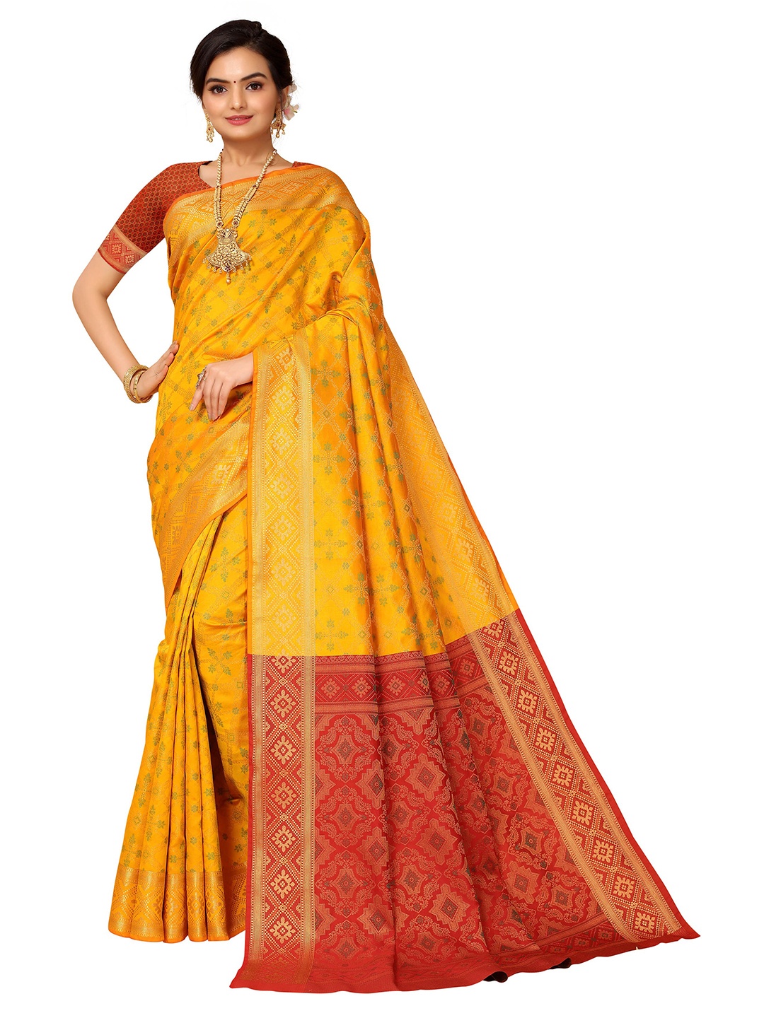 

Nimayaa Mustard & Red Woven Design Zari Silk Blend Kanjeevaram Saree