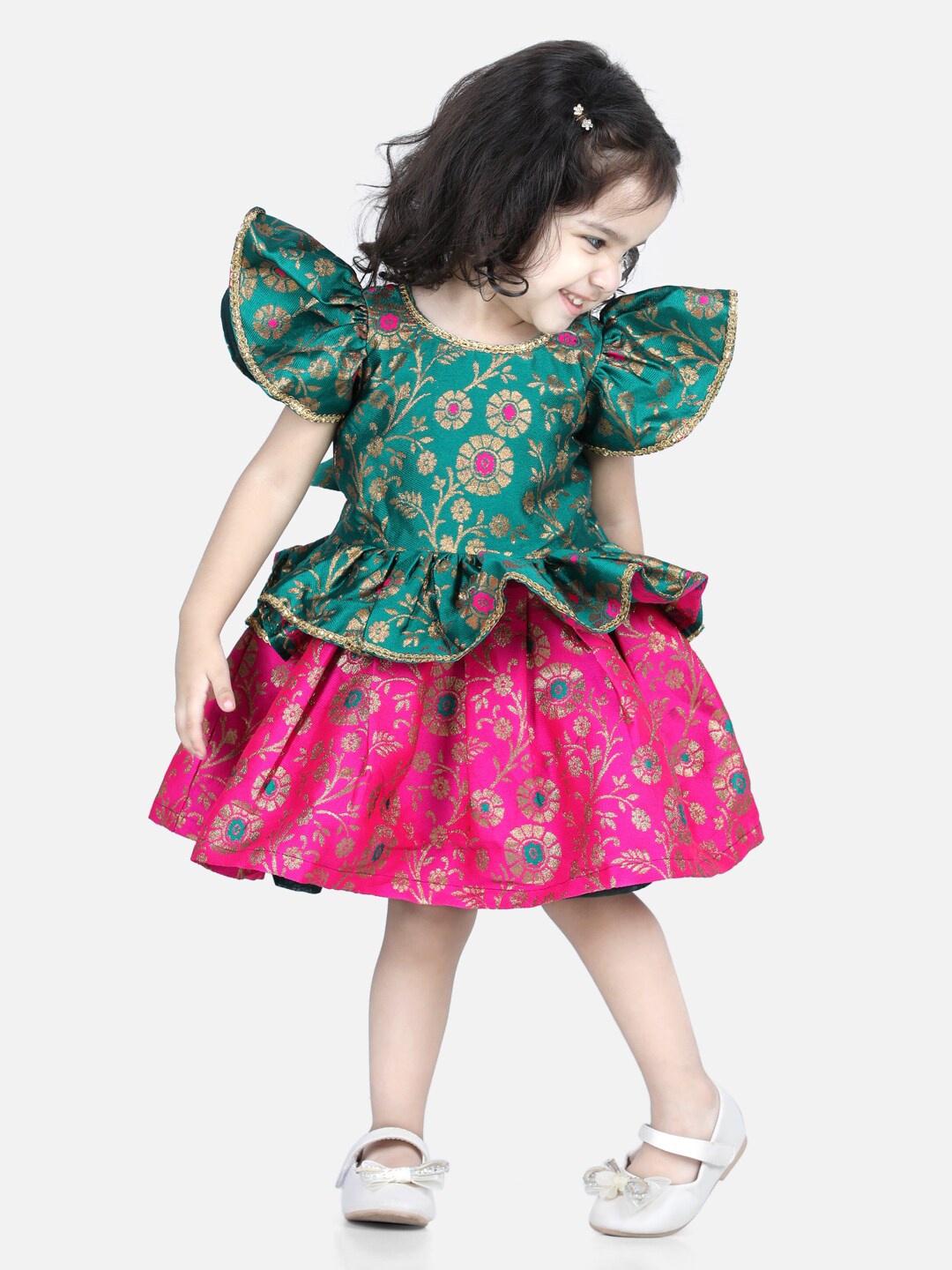

BownBee Green & Pink Jacquard Ruffle Sleeve Frock Party Peplum Dress