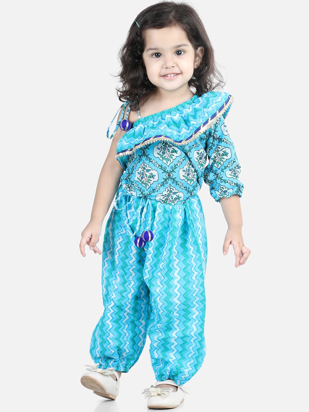 

BownBee Girls Blue Ruffle Pure Cotton Printed Top with Harem Dhoti Pants