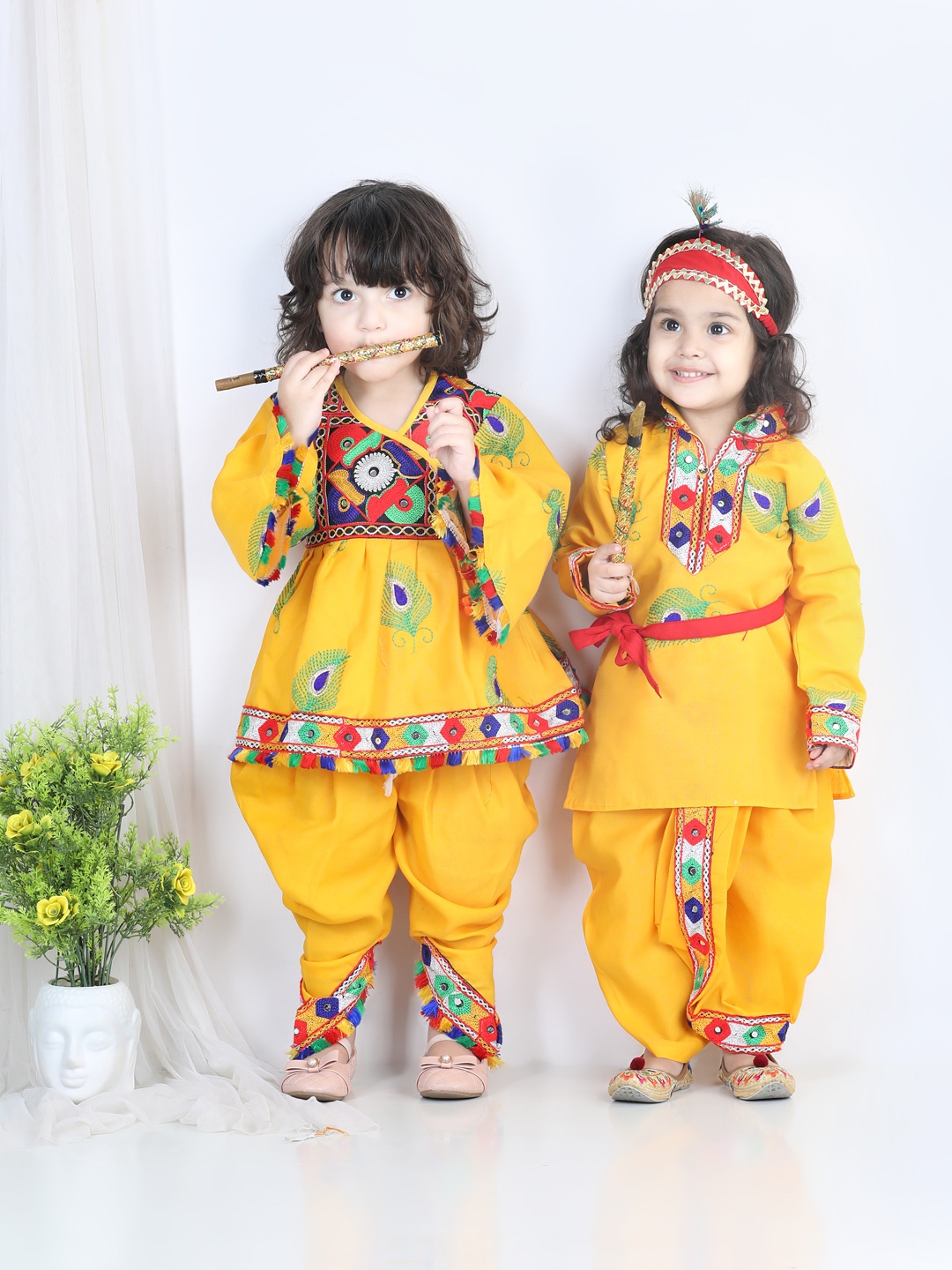 

BownBee Girls Yellow Embroidered Pure Cotton Angrakha Kurti with Dhoti Pants