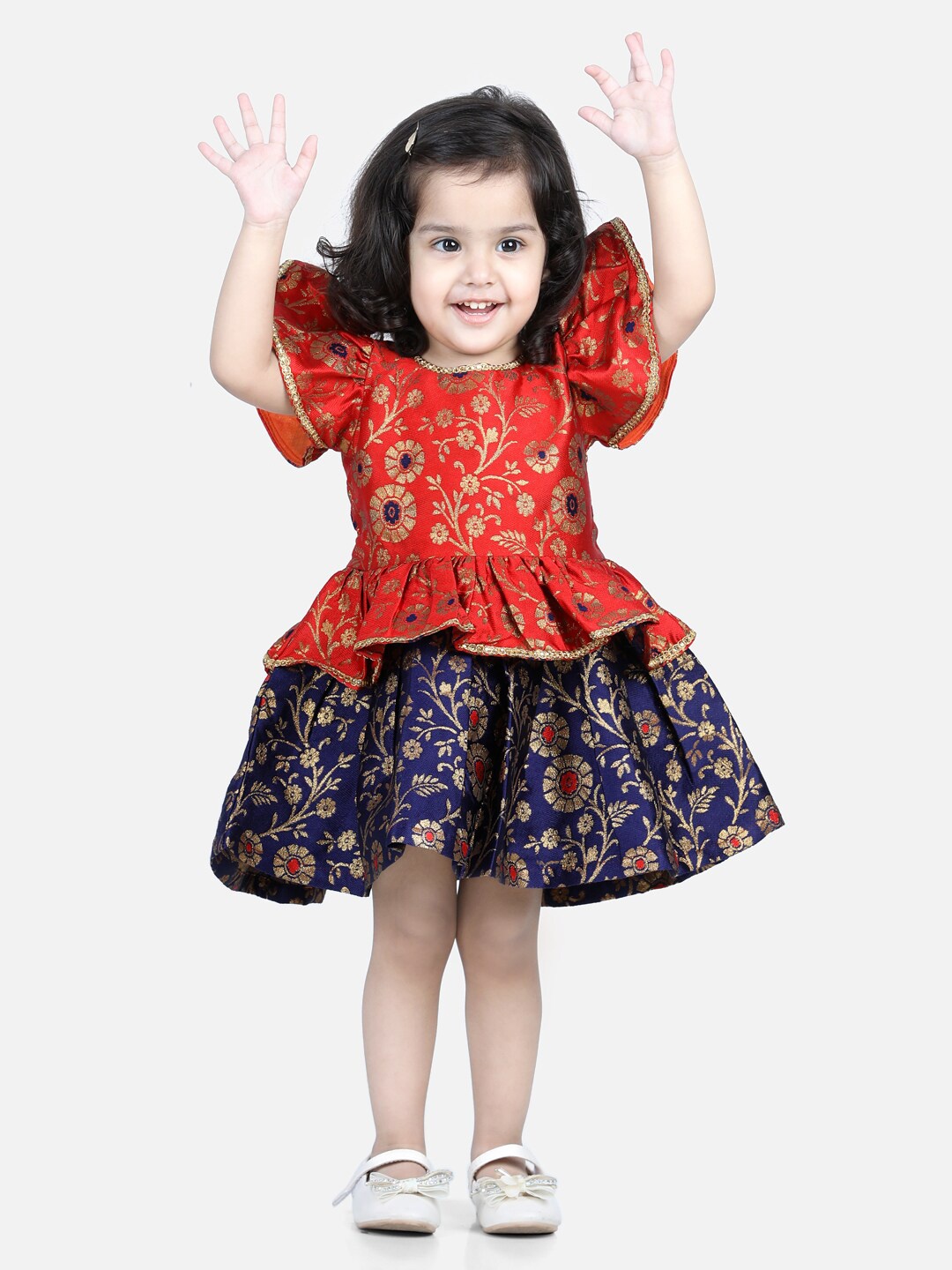 

BownBee Orange Jacquard Ruffle Sleeve Frock Party Ethnic Dress