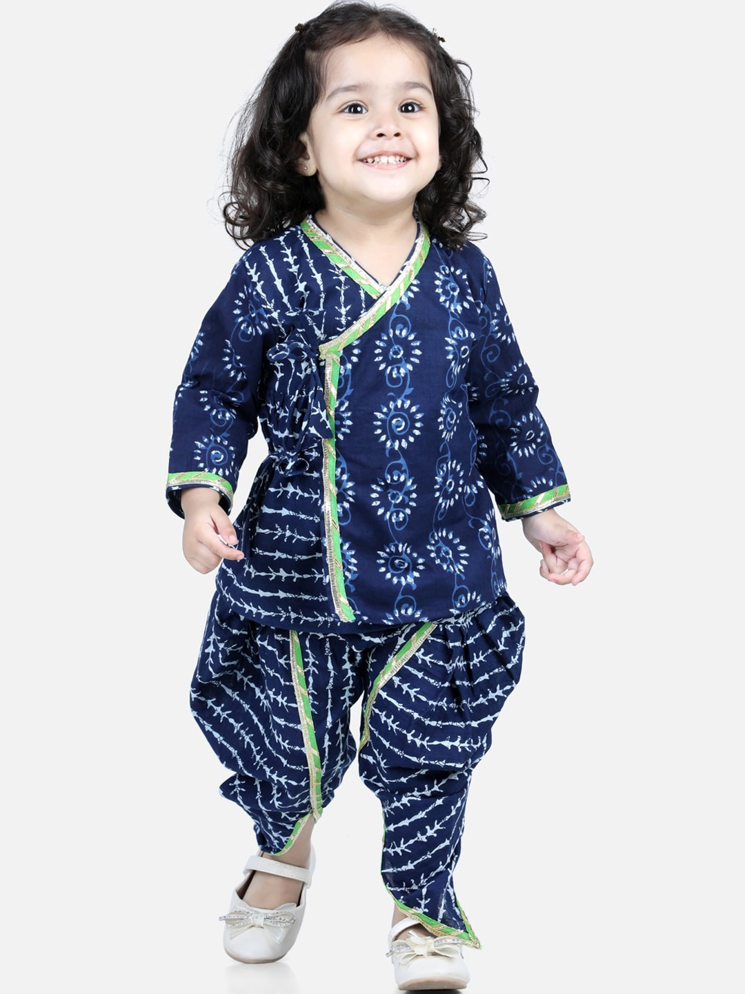 

BownBee Girls Blue Printed Front Open Pure Cotton Angrakha Top Dhoti