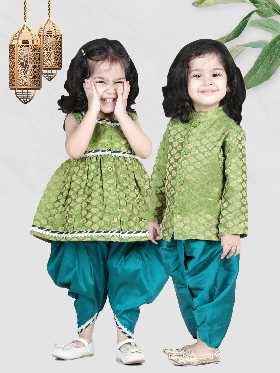 

BownBee Girls Green & Turquoise Blue Jacquard Top with Dhoti