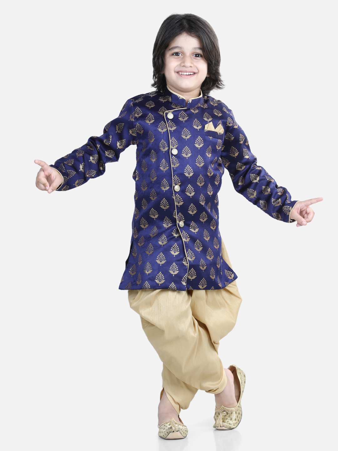 

BownBee Boys Blue & Green Jacquard Full Sleeves Sherwani