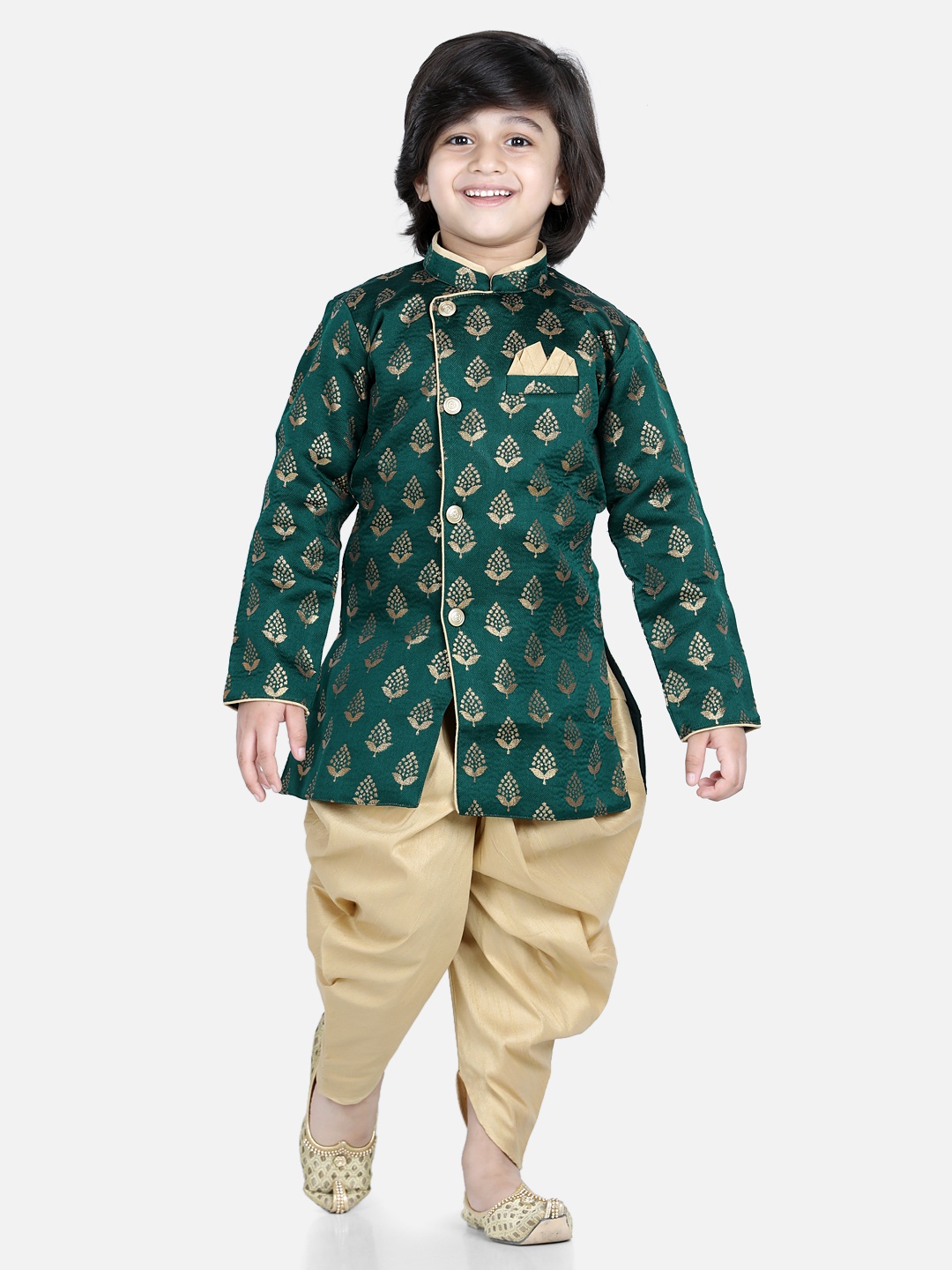

BownBee Boys Green & Golden Full Sleeves Jacquard Sherwani