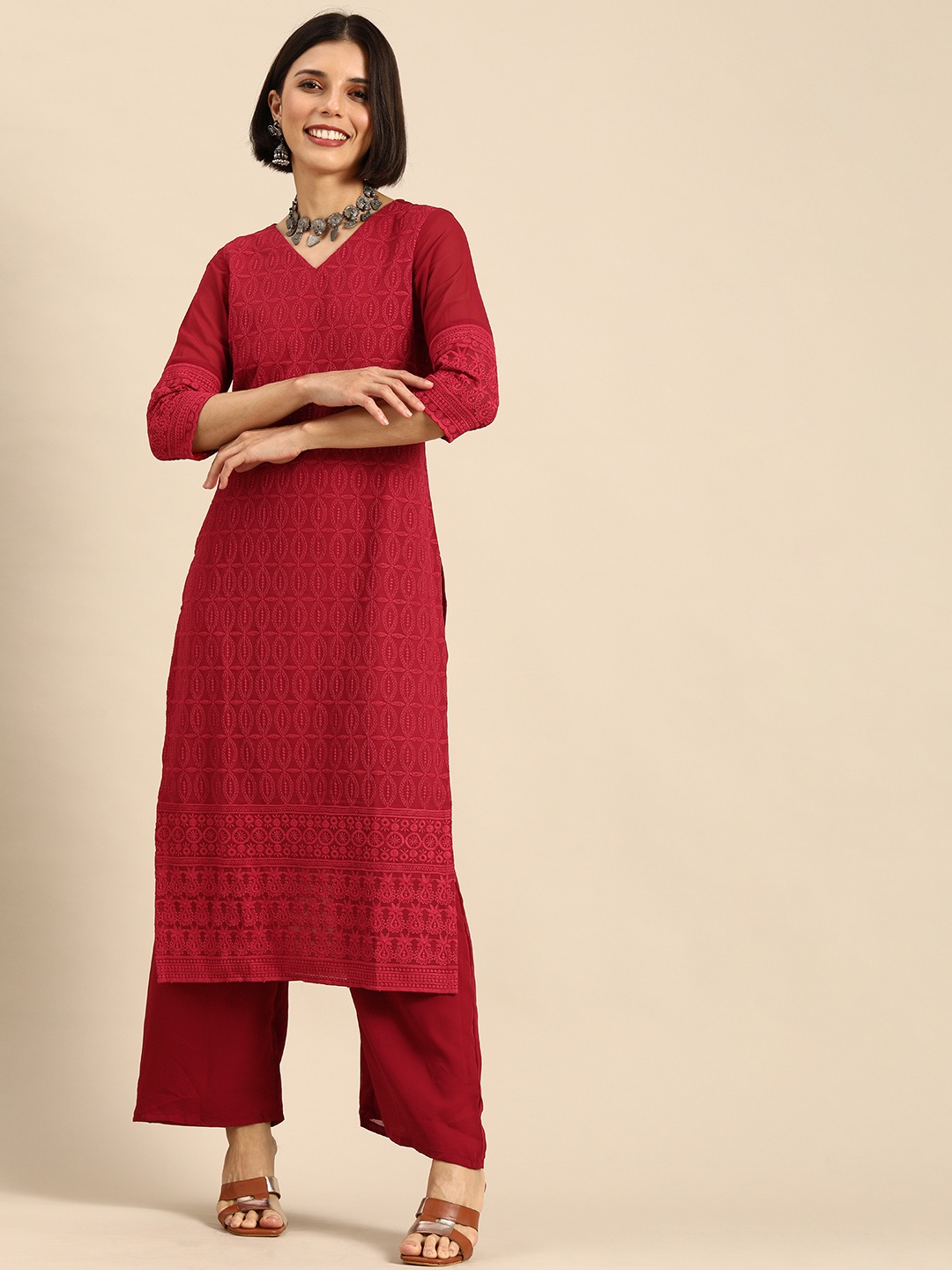 

Anouk Women Red Ethnic Motifs Embroidered Kurta with Palazzos