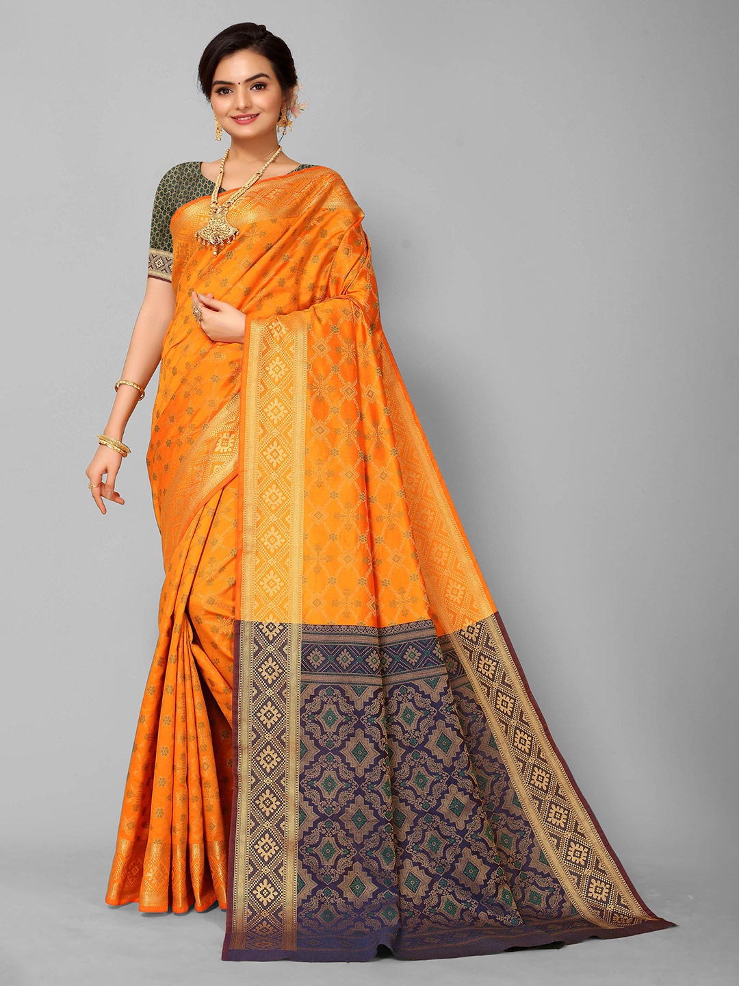 

Mitera Orange & Gold-Toned Woven Design Zari Silk Blend Kanjeevaram Saree