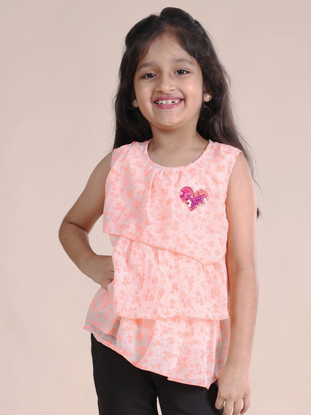 

KiddoPanti White Floral Print Georgette Tiered Top
