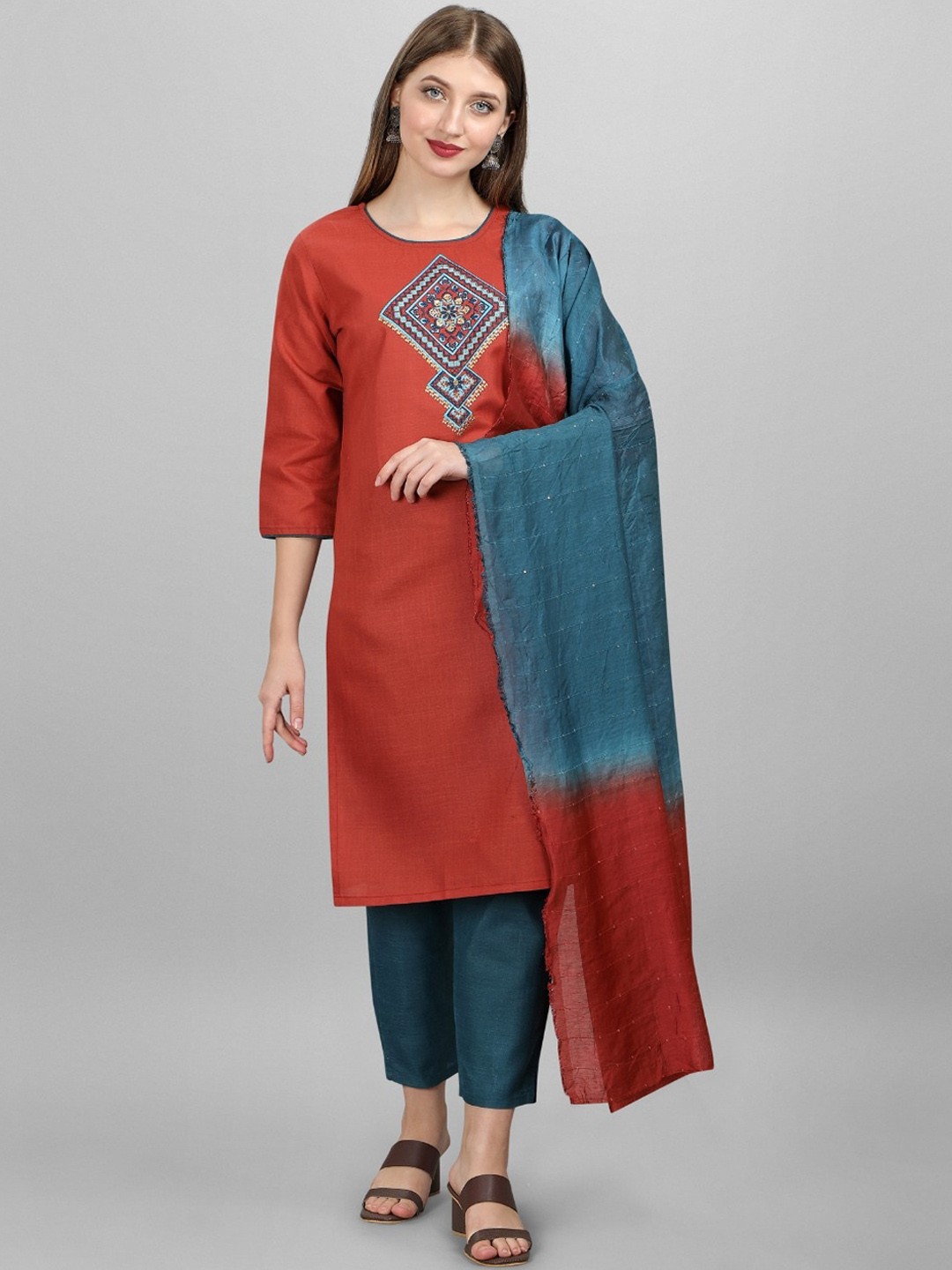 

MORLY Women Orange Ethnic Motifs Layered Mirror Work Kurti with Trousers & With Dupatta