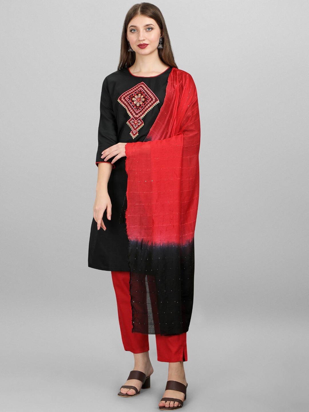 

MORLY Women Black Layered Mirror Work Kurti with Trousers