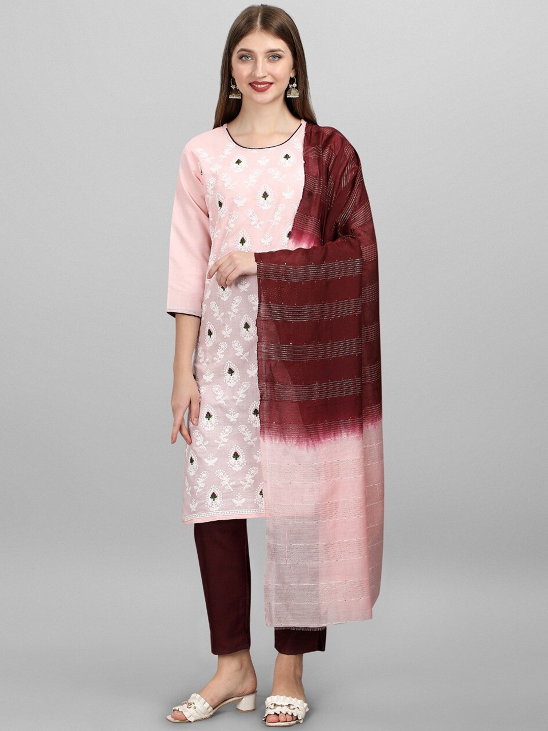 

MORLY Women Pink Embroidered Panelled Mirror Work Kurti with Trousers & With Dupatta