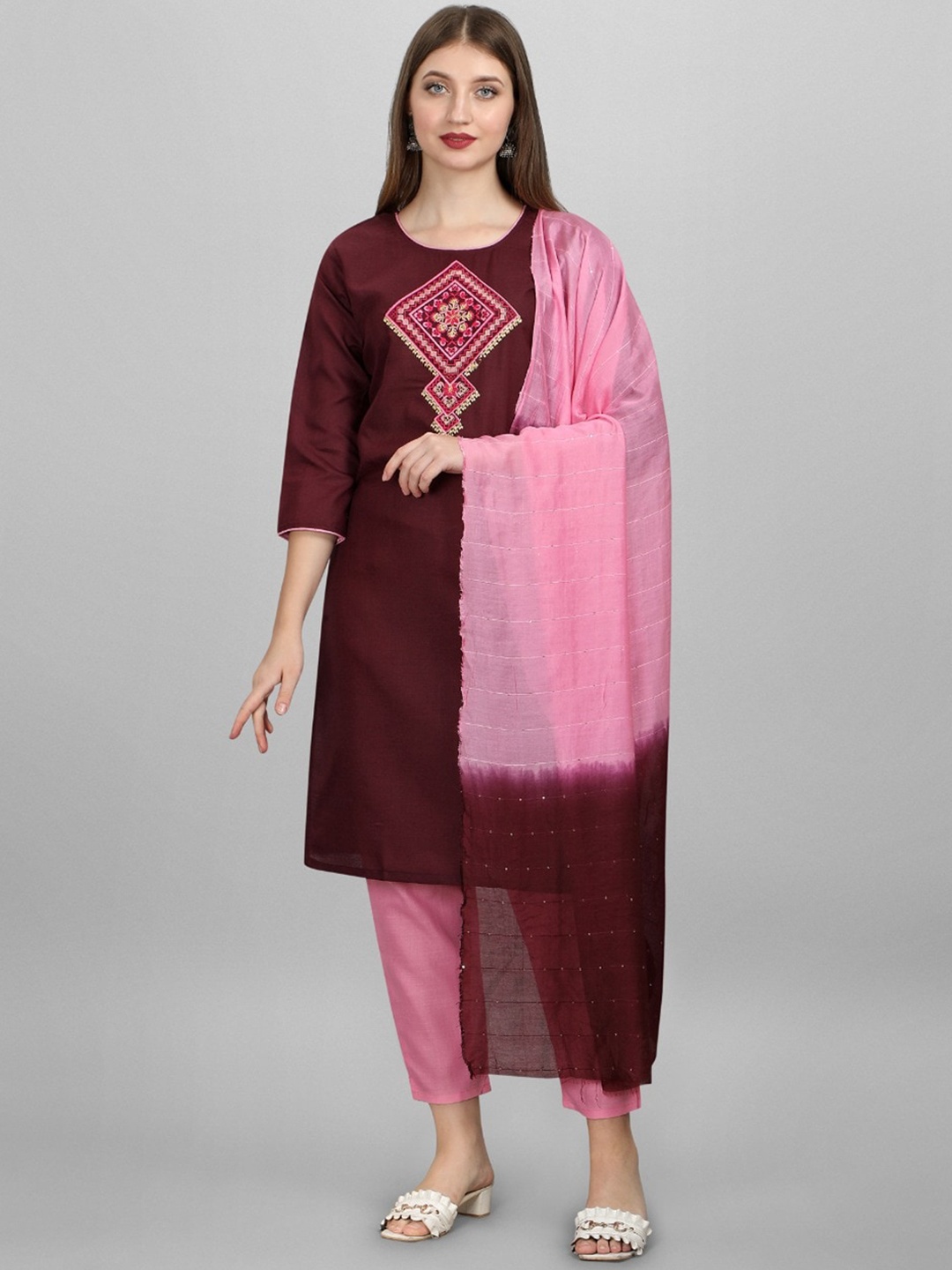 

MORLY Women Purple Mirror Work Kurti with Trousers & With Dupatta