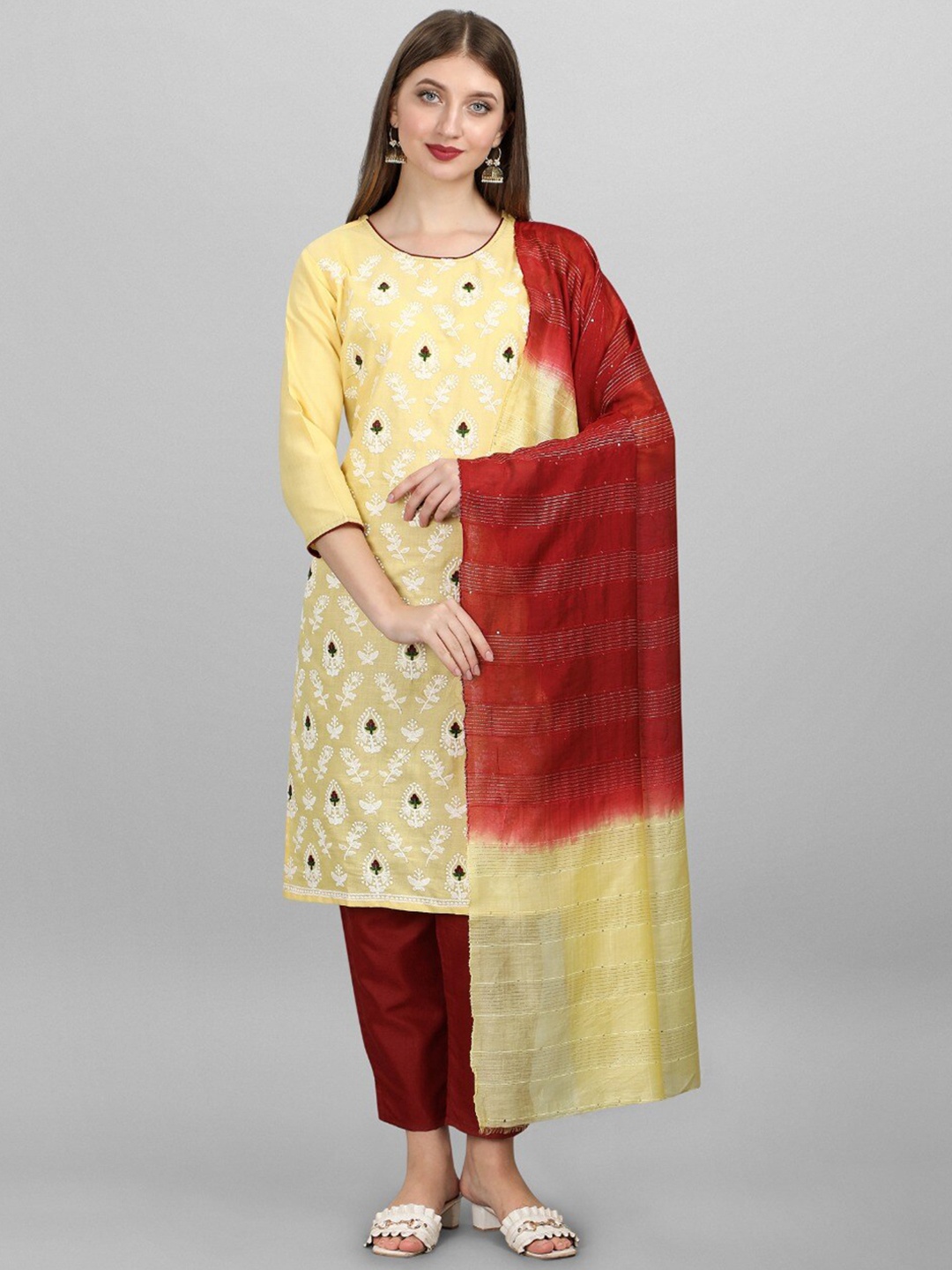 

MORLY Women Yellow Ethnic Motifs Panelled Mirror Work Kurta with Trousers