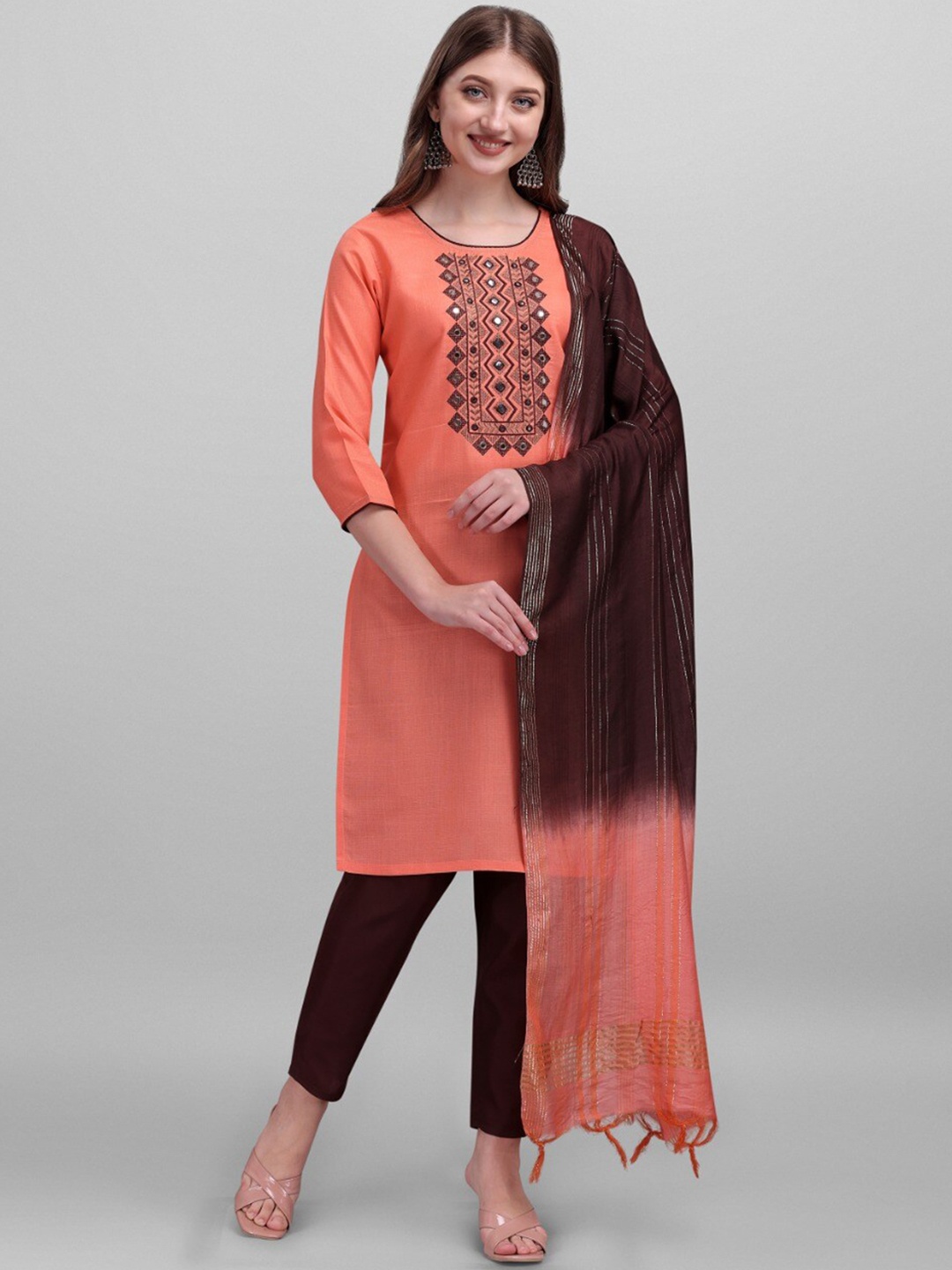 

MORLY Women Orange Panelled Mirror Work Kurta with Trousers & With Dupatta