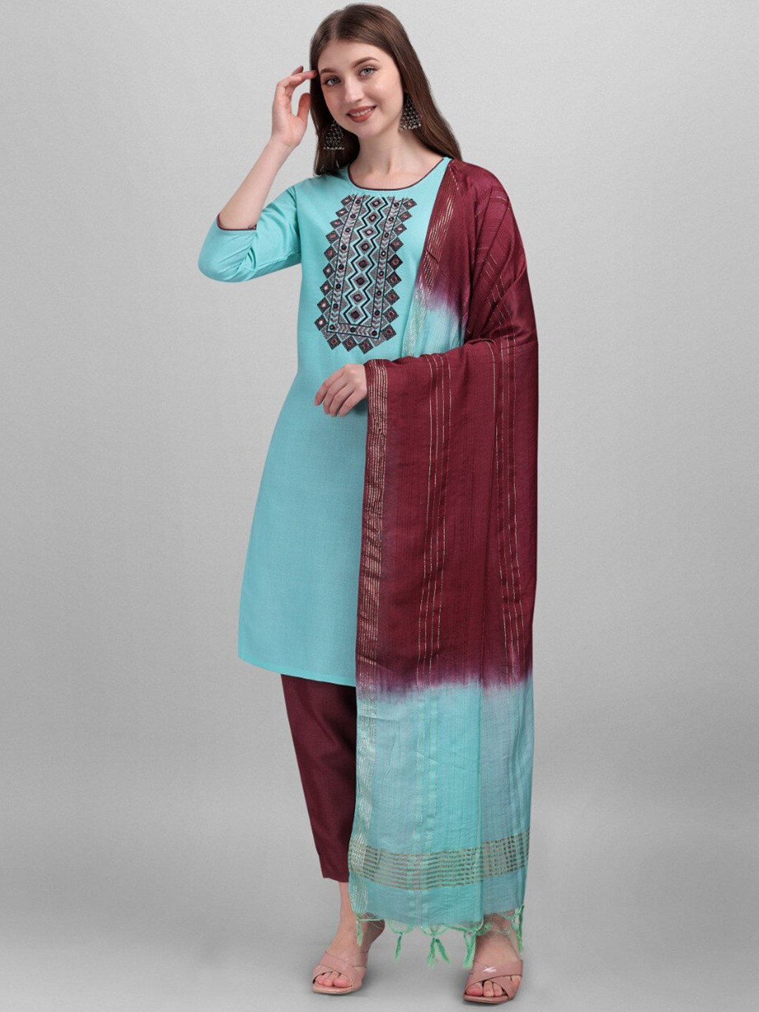 

MORLY Women Turquoise Blue Ethnic Motifs Yoke Design Panelled Mirror Work Kurti with Palazzos & With Dupatta