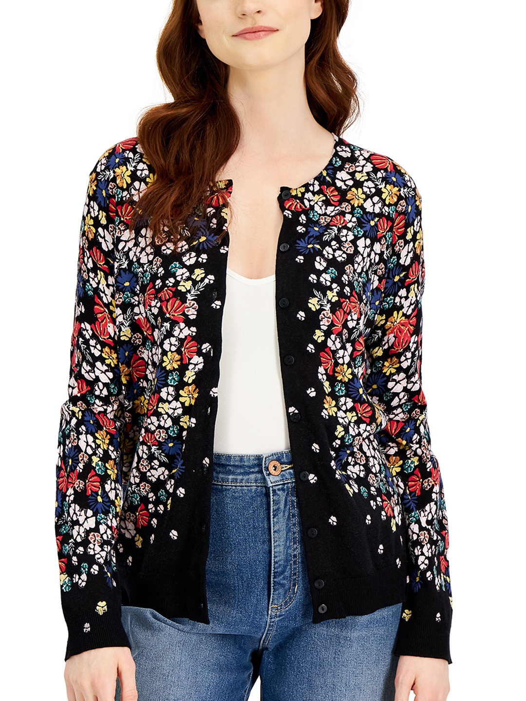 

Macy's Karen Scott Women Black & Yellow Floral Printed Cardigan