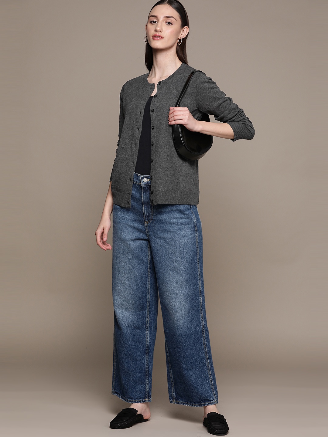 

Macy's Karen Scott Women Charcoal Grey Solid Cardigan