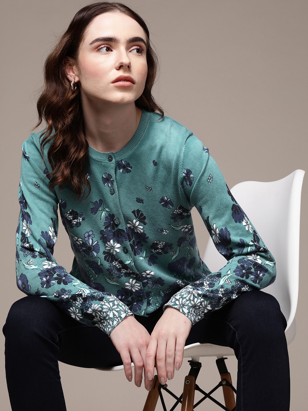 

Macy's Karen Scott Women Jade Green & Blue Floral Printed Cardigan