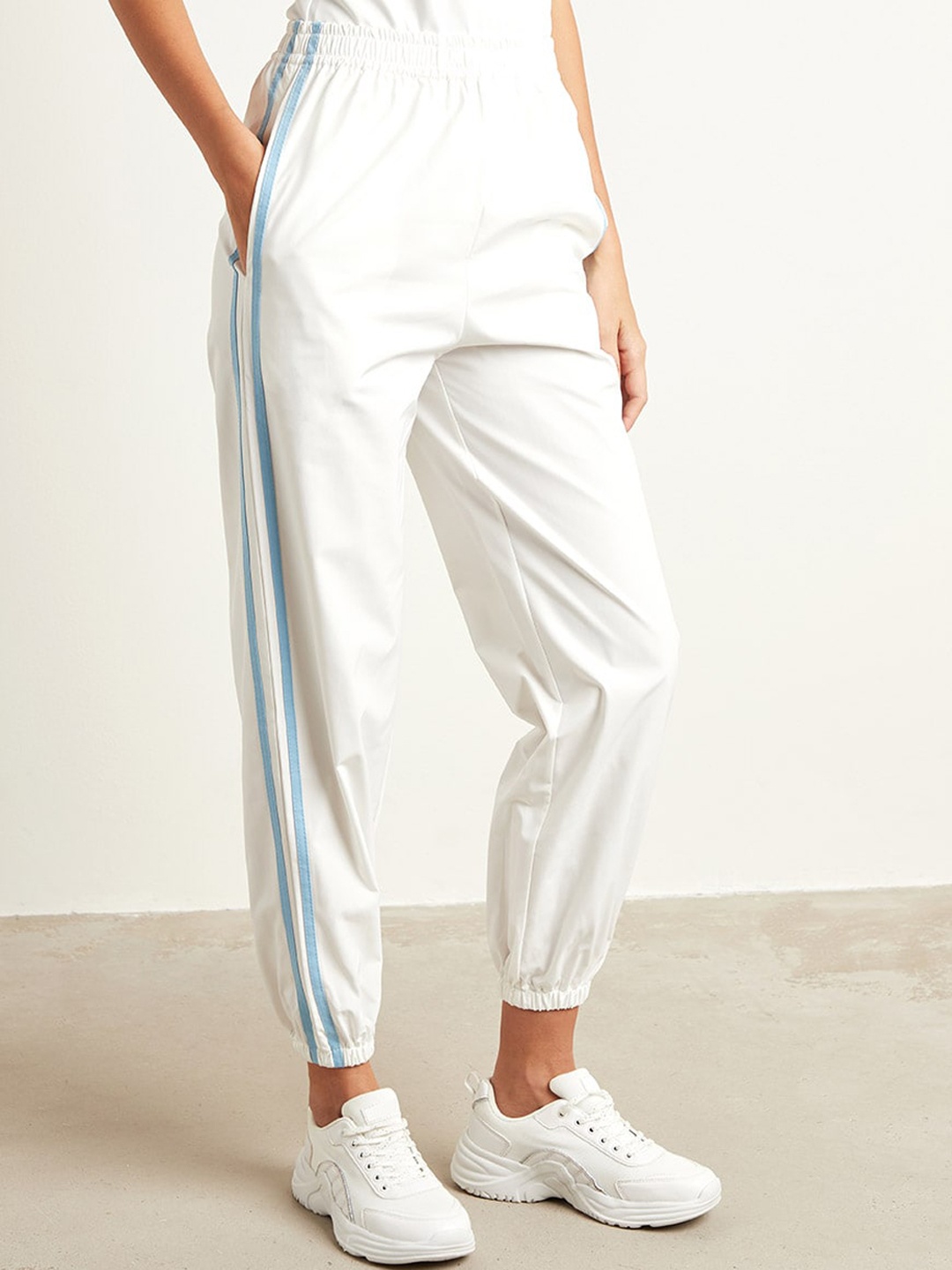 

Styli Women White Side Striped Panel Elasticated Waistband Jogger