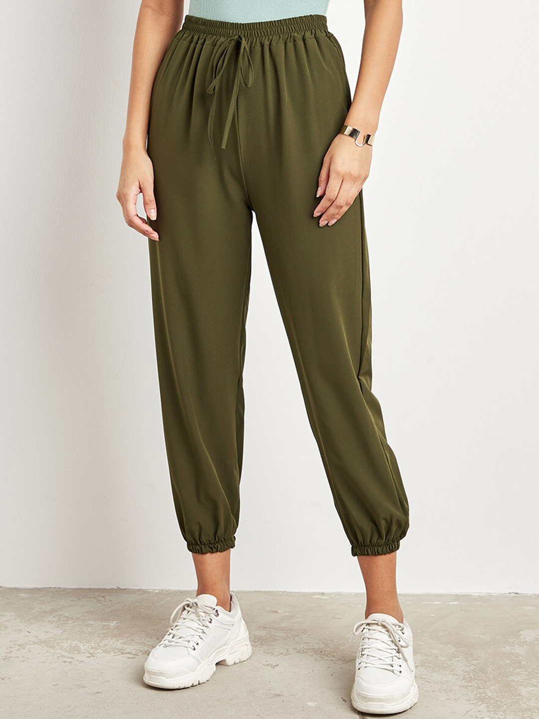 

Styli Women Khaki Plain Trouser with Elasticated Waistband and Drawstring Closure