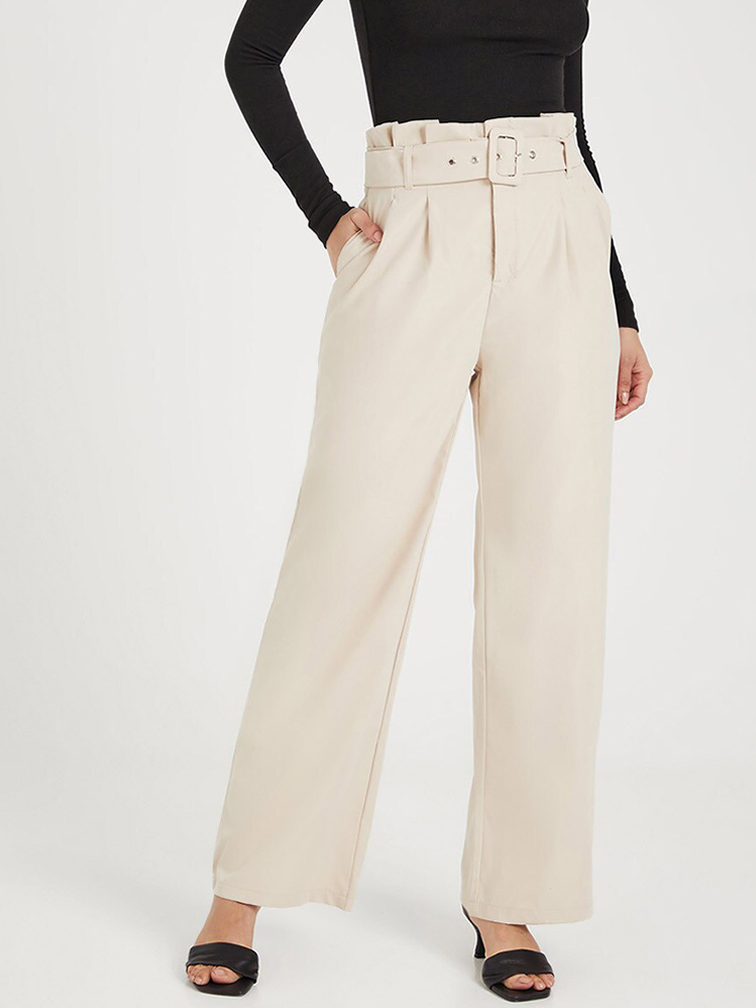 

Styli Women Beige Paper Bag Waist Wide Leg Belted Tailored Trouser