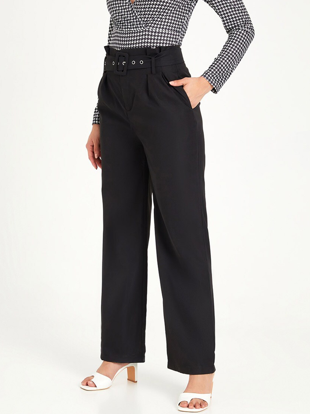 

Styli Women Black Paper Bag Waist Wide Leg Belted Tailored Trouser