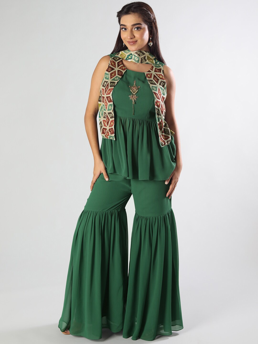 

taruni Women Green Paisley Yoke Design Silk Georgette Kurta with Sharara & With Dupatta