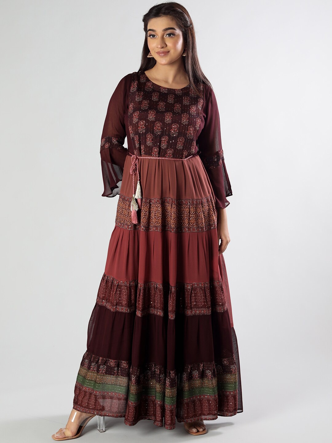 

taruni Women Coffee Brown Floral Printed Flared Sleeves Georgette Anarkali Kurta