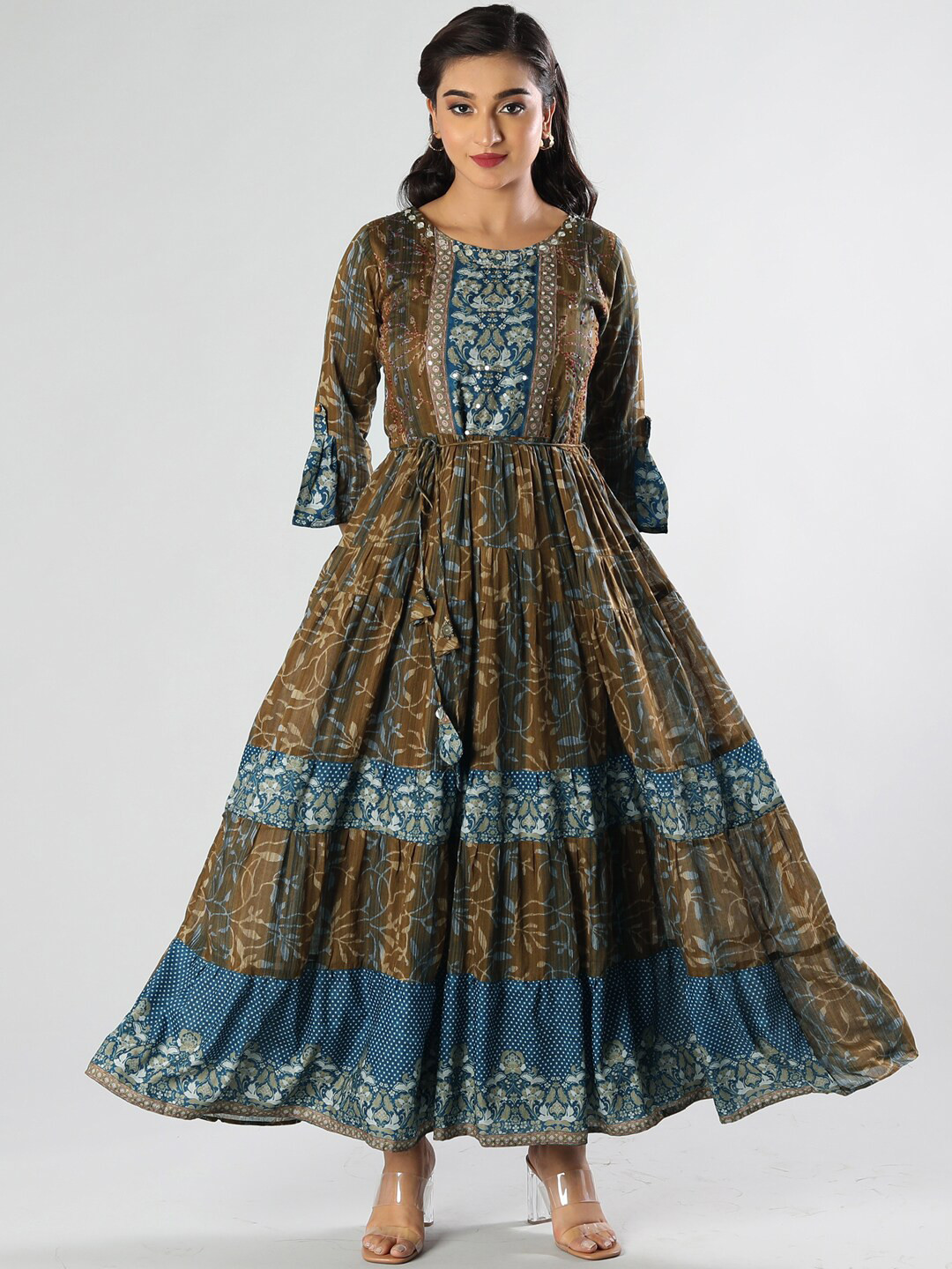 

taruni Women Brown Floral Printed Bell Sleeves Mirror Work Anarkali Kurta