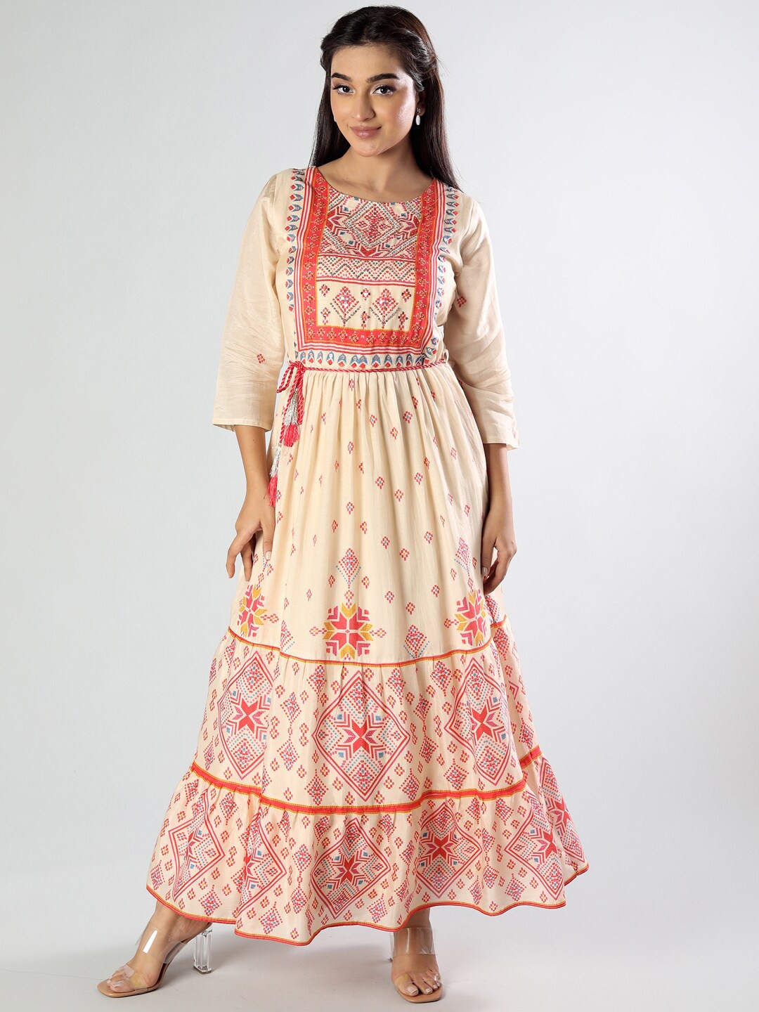 

taruni Beige & Multicoloured Ethnic Motifs Printed Modal Anarkali Kurti