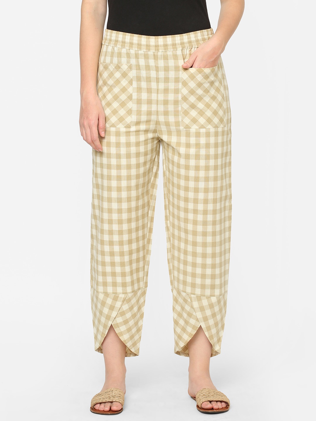 

Mystere Paris Women Beige Checked Cotton Lounge Pants